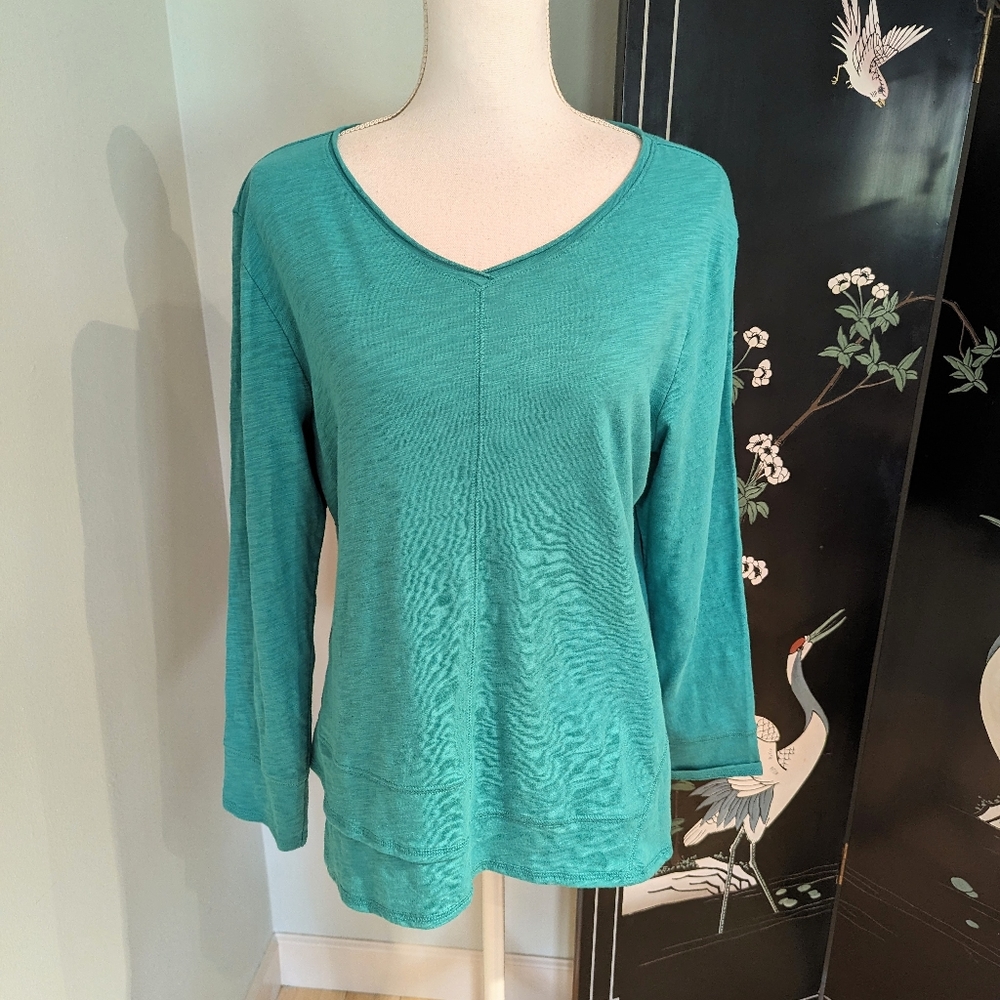 Habitat Wms Sm Peruvian Cotton Pebble Stepped Hem V-Neck Tee Lagoon Turquoise 23